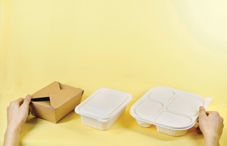 Sustainable Packaging - a person holding a box and two take out containers