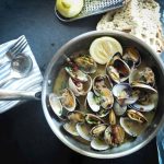 Cell-based Seafood - round silver steel bowl with scallops