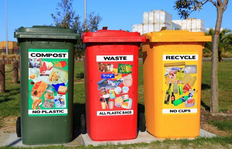 Composting Waste - red yellow and green trash bins