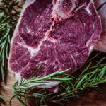In-vitro Meat - raw meat and green leaf plant on brown surface