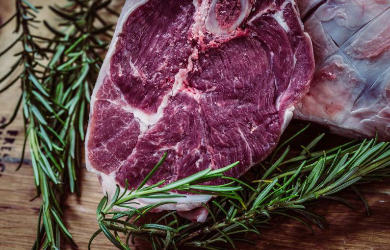 In-vitro Meat - raw meat and green leaf plant on brown surface